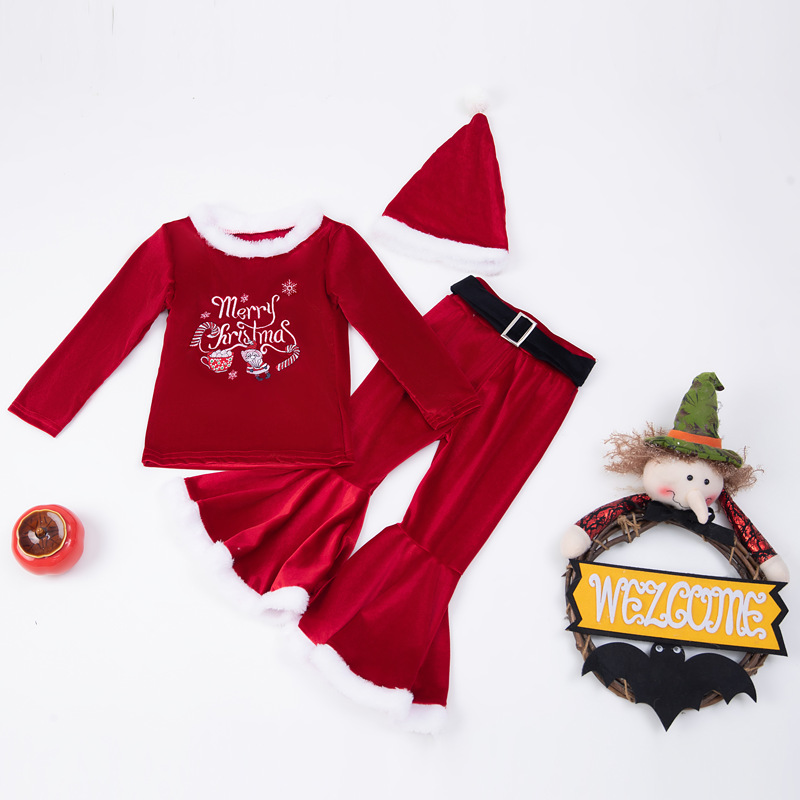 Traje de felpa de Navidad para niños pantalones acampanados europeos y americanos primavera y otoño invierno terciopelo dorado elfo de Navidad ropa conjunto de tres piezas