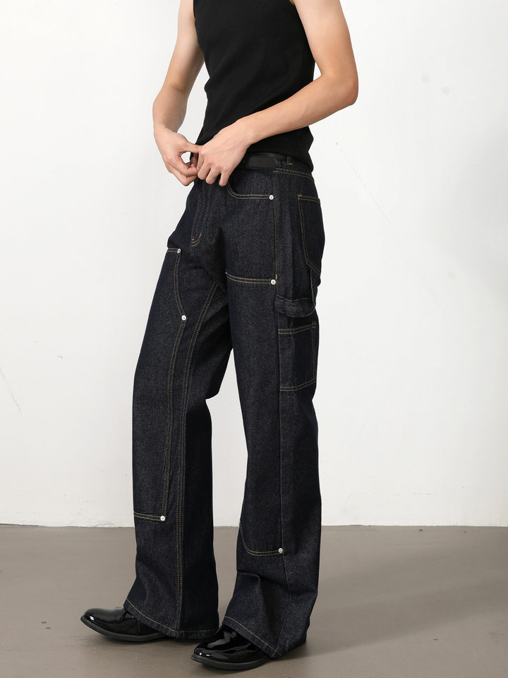 Quần jean nam ống loe nhẹ dáng chữ A phong cách đường phố, cạp vừa, dài — Xanh denim