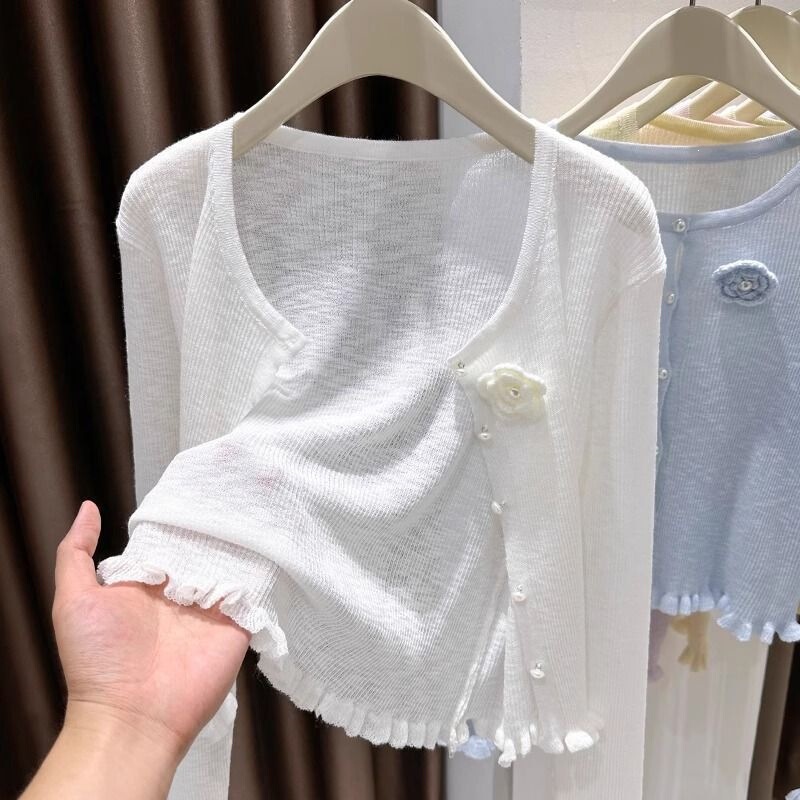 Summer New Style Three-Dimensional Floral Ruffled Long-Sleeve Knit Cardigan for Women, Elegant Outerwear Air Conditioning Cover-Up Top in Rayon