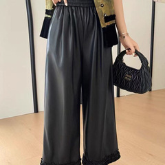 高腰木耳边pu皮休闲裤女欧洲站2025年秋季新款休闲显瘦百搭九分裤