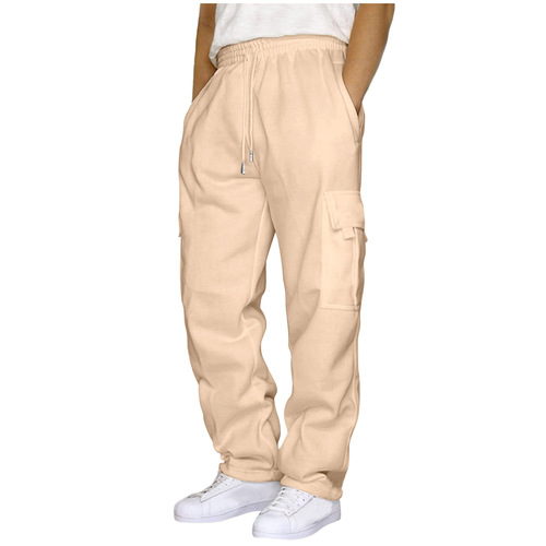 2024 Cross-border New Style Sports Leisure Warm Fleece Sweatpants with Multiple Pockets and Cord Ties for Men Loose Work Pants