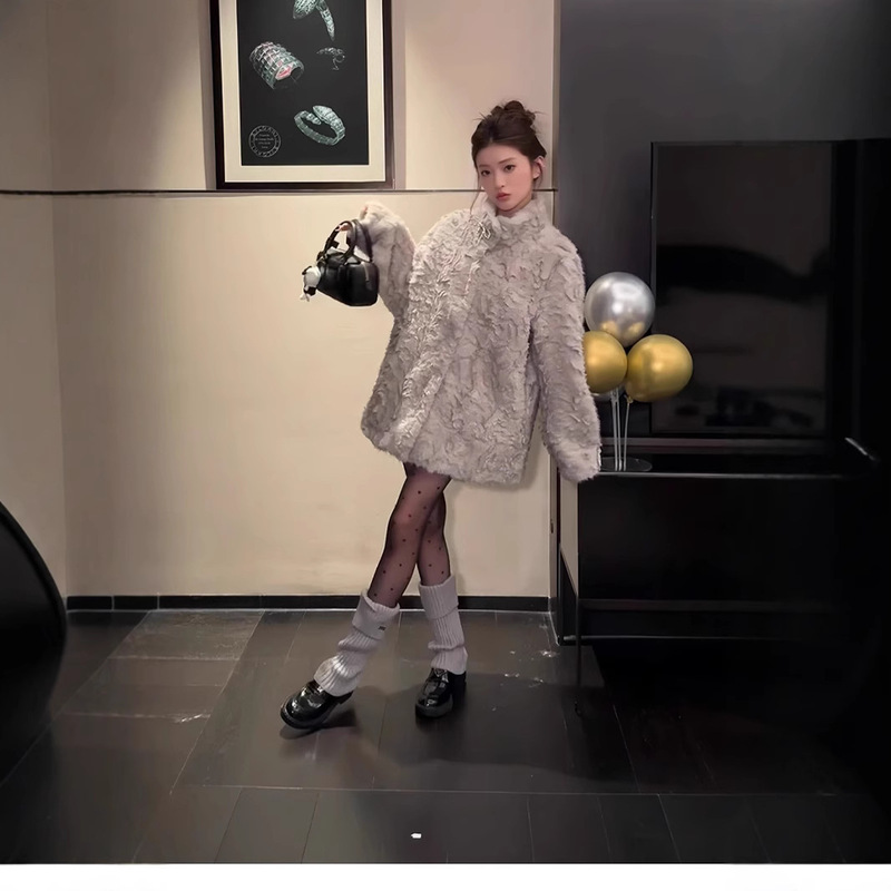 2025 New Winter Fur All-In-One Outwear for Women, Mid-Length Thickeneded Warm Stand-Up Collar Imitation Fur Lamb Wool Outwear