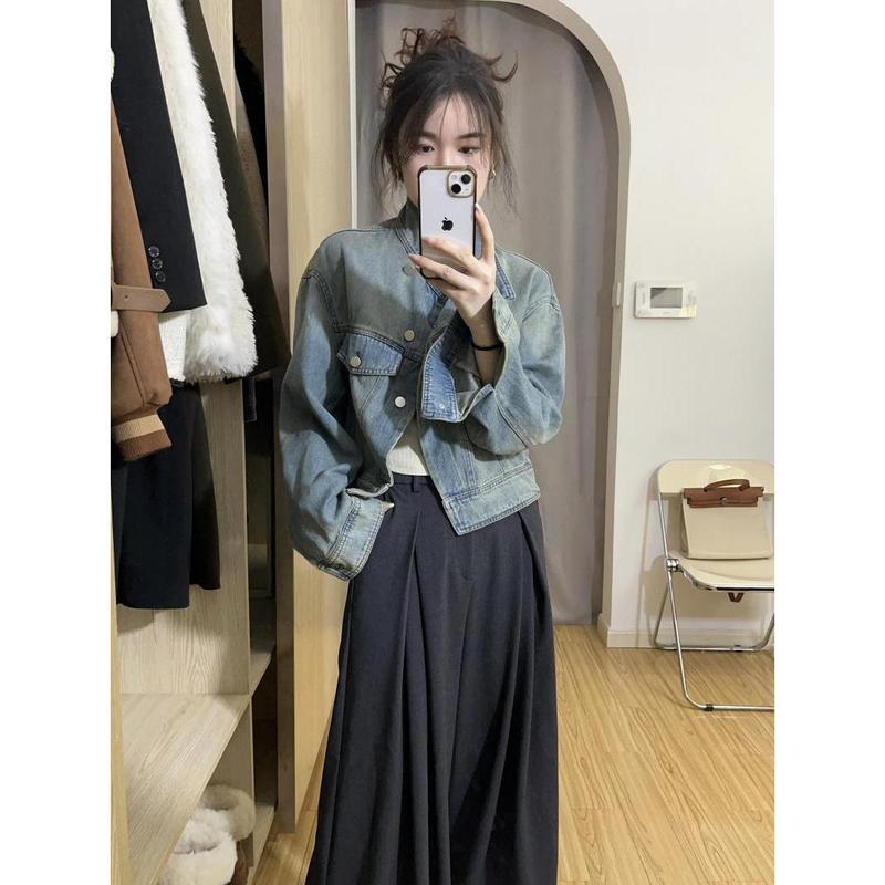 春と秋の女性用ショートデニムジャケット、多用途、ゆったり、小柄なデザイン、ニッチソルトスタンドカラージャケットトップ|undefined