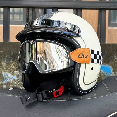 Motosiklet kaskı (dəbilqə) – Retro Half Helmet, Motorbike Helmet, Suitable for - ivory-white-grey-floral-retro-black-silver-goggles-special-offer-m