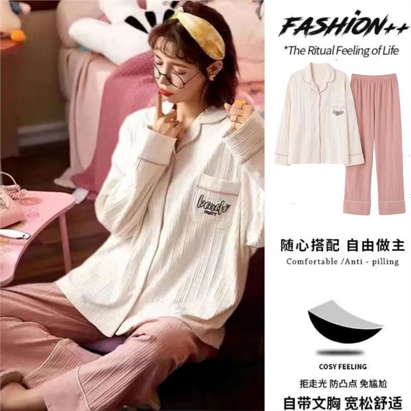 Pijamas 100% de algodón las mujeres con el cojín del pecho, la primavera y el otoño manga larga, más tamaño, desgaste casero al aire libre, traje