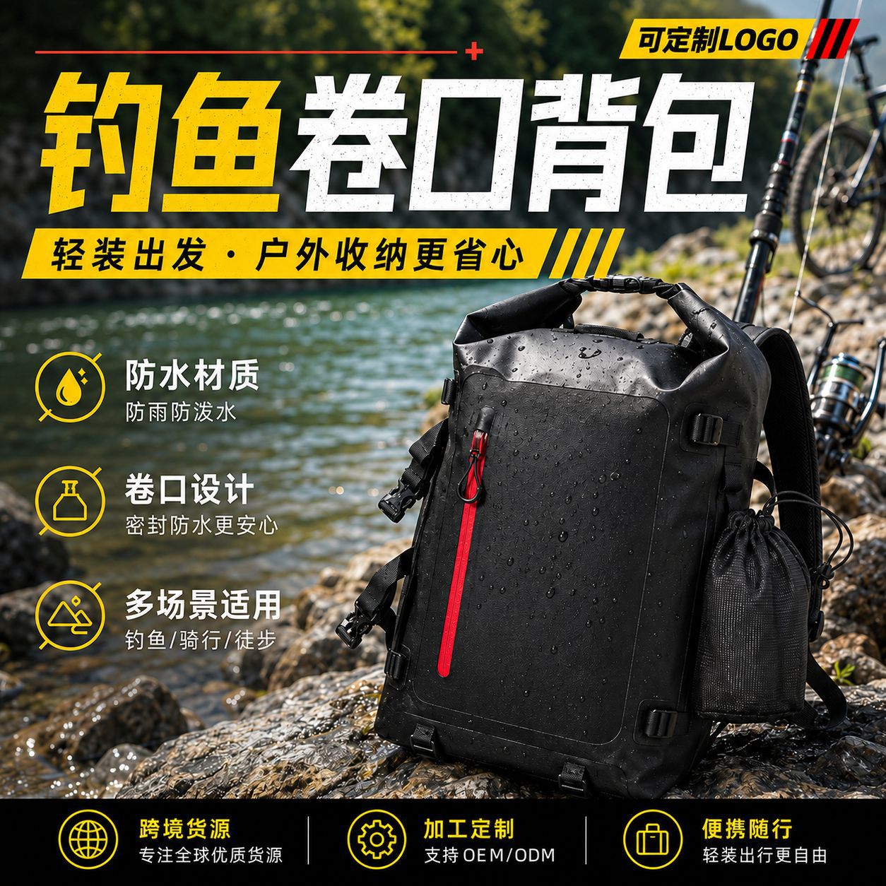 Fishing Roll-Top Waterproof Backpack Roll-Top Sealed Wear-Resistant Reinforced Storage Backpack Outdoor Waterproof Custom Backpack