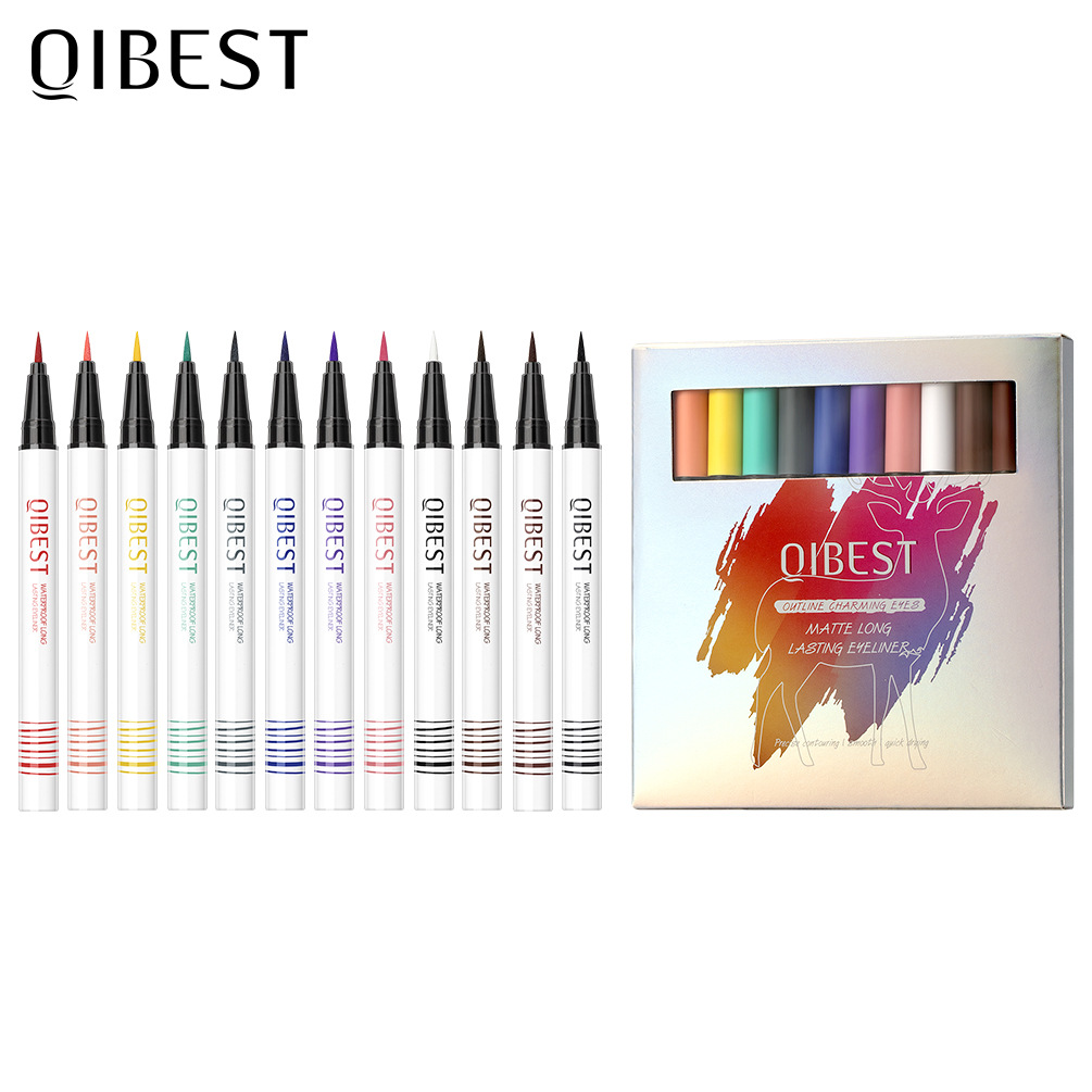 QIBEST color eyeliner pen easy to color quick-drying thin waterproof non-blooming beginner lying silkworm eyeliner set