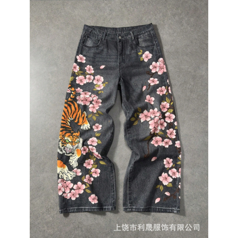 2026 New Model of Foreign Trade National Style Cherry Blossom Men's Korean Fashion Versatile Loose Wide-Leg Jeans with Digital Print