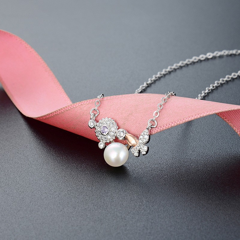 S925 plata esterlina collar de perlas agua dulce para las mujeres luz dulce lujo estilo coreano nicho diamante mariposa colgante redondo cadena clavícula