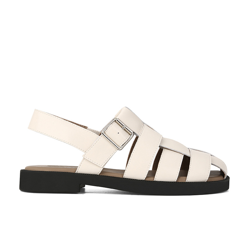 [sheii su] blanda explosión ~ cubierta de cuero real tejido hueco fondo plano sandalias romanas zapatillas de jaula de cerdo