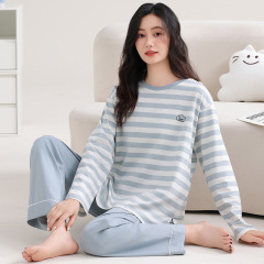睡衣女带胸垫防走光春秋款纯棉长袖秋季可外穿2025新款条纹家居服