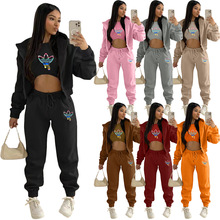 TK6259  欧美女装 加绒卫衣字母印花连帽运动休闲套装（三件套）