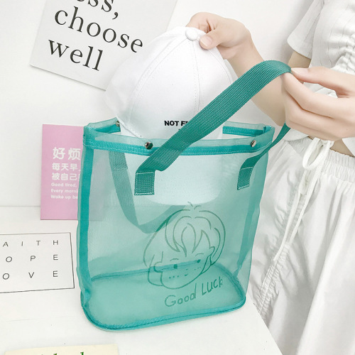 Summer Mesh Fabric Korean Shopping Bag Simple Nylon Single Shoulder Handbag Girl's Bag Pink Heart Ins Gift Beach Bag