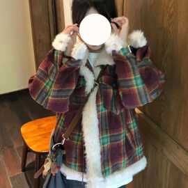 美式复古vintage宽松格子拼接羊羔棉服冬季棉袄潮流
