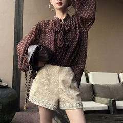 原创钟灵复古印花衬衫上衣女秋季法式飘带减龄洋气