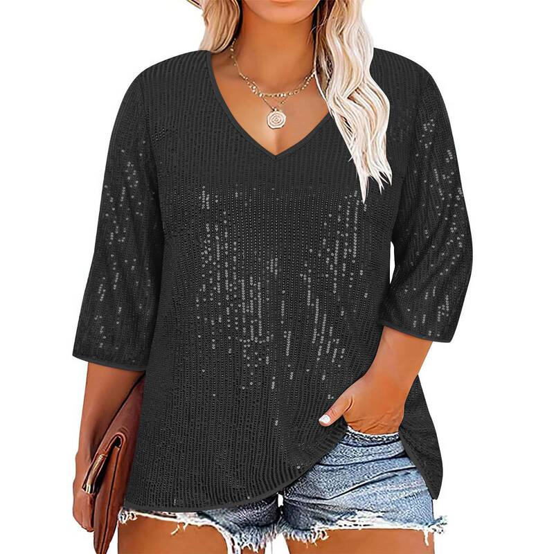 DZ1554 European and American Amazon Cross-border Autumn and Winter Loose Top plus size Retro Beaded Casual V-neck Sequin T-shirt Women
