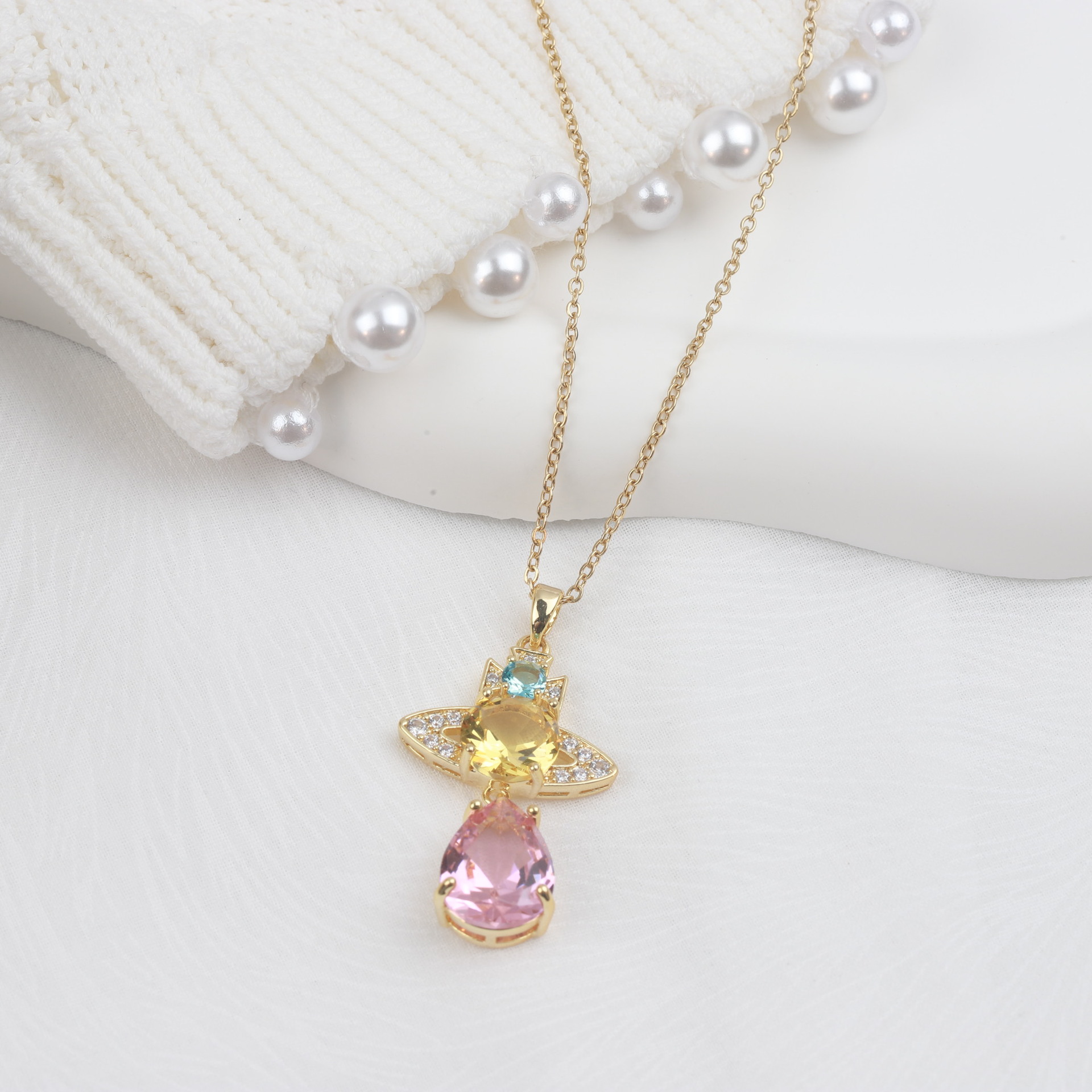 Fashion Water Droplets Titanium Steel Inlay Zircon Necklace