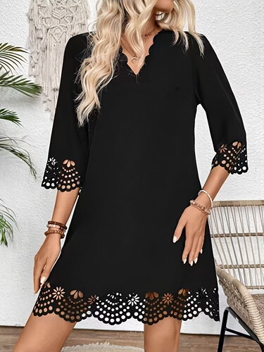 Elegant Women's Floral Lace Hollow Out Dress V Neck Cross-border