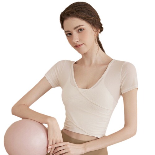Mesh yoga clothing tops for women 2024 new summer fitness clothing Pilates new style with chest pads short sleeves