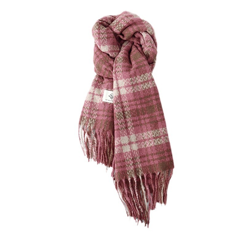 Sciarpa a quadri con nappe color rosa lampone, calda, versatile, autunno/inverno, da donna, collo grande_voghion.com