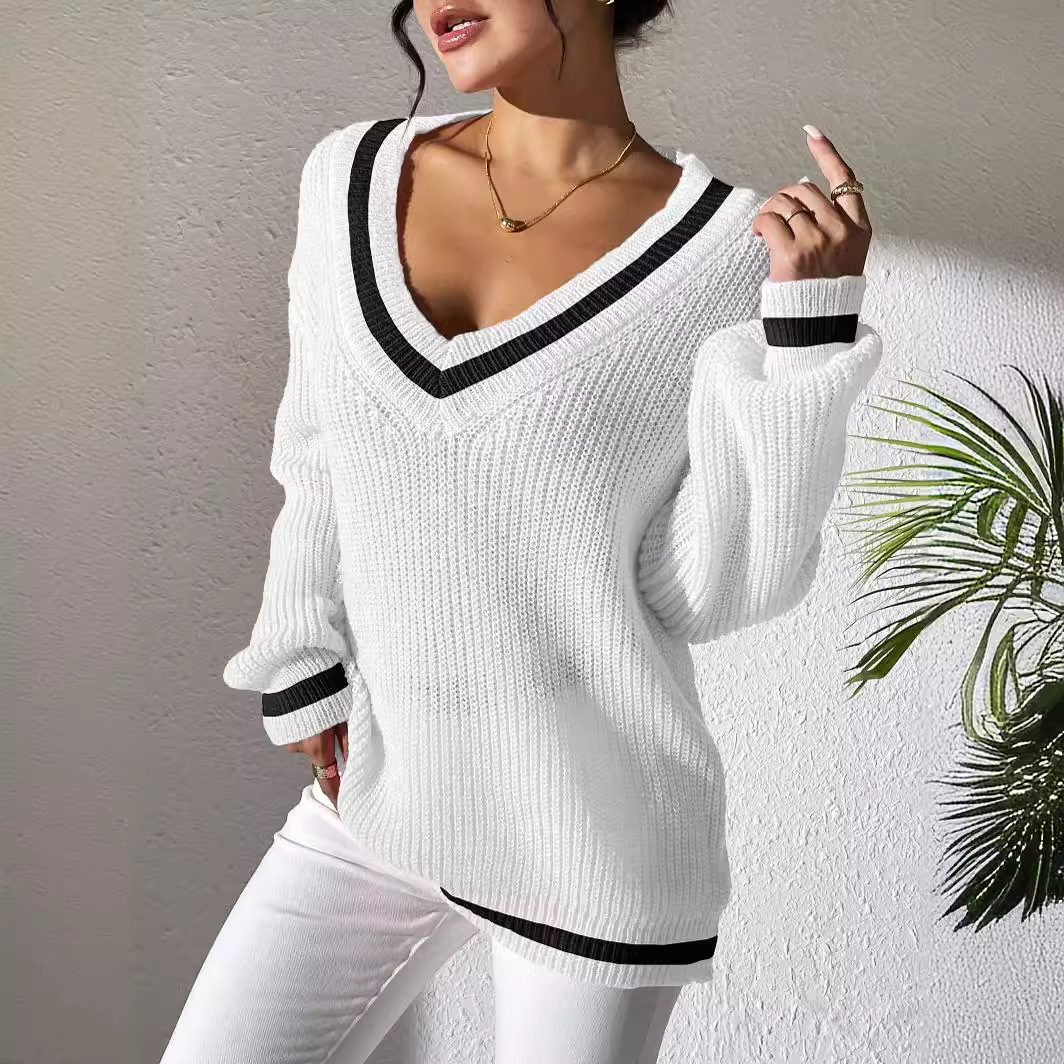 Lässiger Damen-Pullover mit V-Ausschnitt und Farbblockierung, lockere Passform, College-Stil, vielseitiger und gemütlicher Pullover für den Alltag_voghion.com