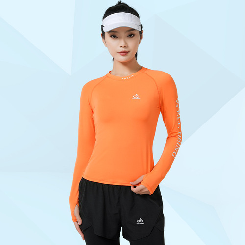 Autumn casual trendy round neck ice silk quick-drying high-elastic solid color letter long-sleeved T-shirt slim sportswear top for women