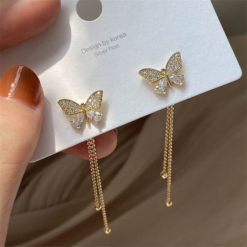 1 Pair Lady Fashion Butterfly Metal Tassel Plating Inlay Artificial Gemstones Women's Drop Earrings display picture 1