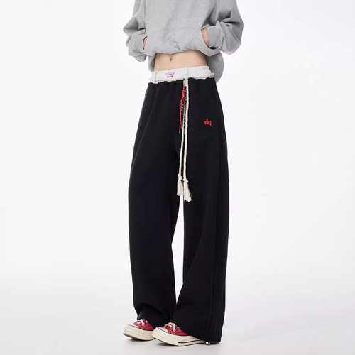 Vintage American Color Blocking Belted Athletic Pants for Men and Women Loose Wide Leg Sweatpants Hip-Hop Jazz Couple Casual Pants Trendy