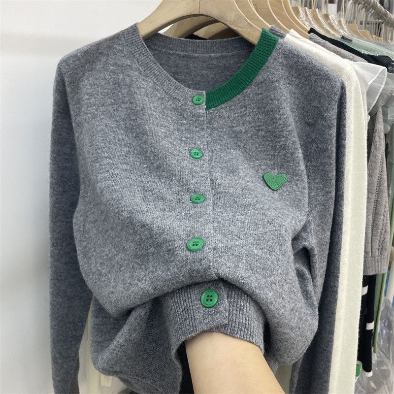 春秋新款韩版温柔风针织开衫女贴布长袖打底上衣洋气宽松毛衣外套|undefined