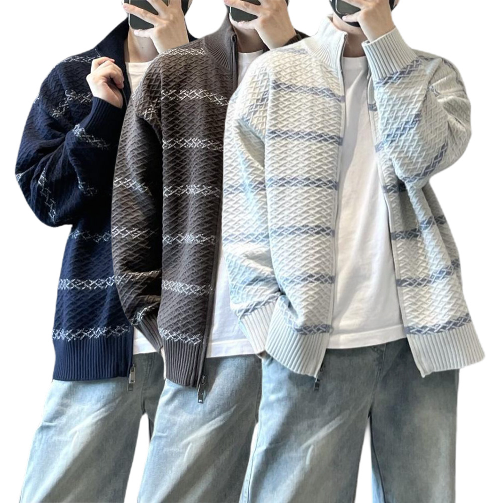 Explosiones transfronterizas de tamaño europeo de tamaño grande contraste a rayas cardigan jersey suéter texturizado hombre abrigo de cuello al por mayor fábrica
