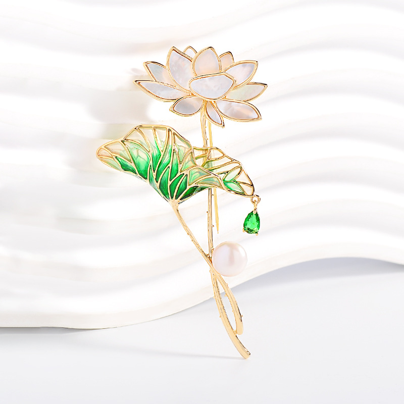 White Mother-Of-Pearl Lotus Brooch, Green Enamel Lotus Leaf Freshwater Pearl Pin, New Chinese Style Elegant Brooch for Qipao Wholesale