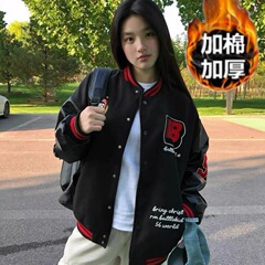 欧美徽章字母刺绣撞色拼接棒球服男女秋冬季加厚宽松情侣外套夹克