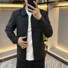 男商务休闲行政夹克秋季男士百搭修身翻领纯黑外套