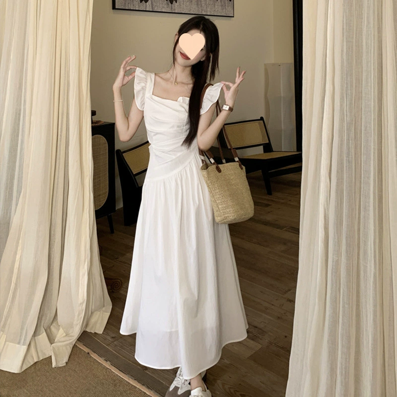 Французское белое женское платье с летящими рукавами, летний дизайн, элегантное, утягивающее талию, длинная юбка первой любви 6944