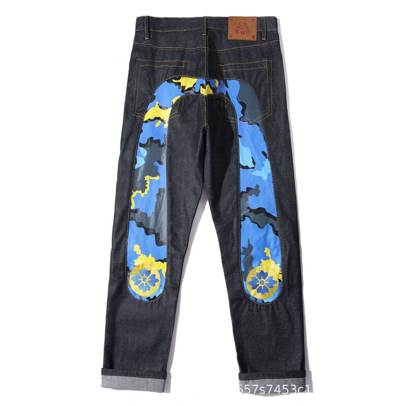 Longteng Fushen Jeans Men's and Women's Korean-style Camouflage Cherry Blossom Original Big M Printed Slim-fit Straight Trendy Pants