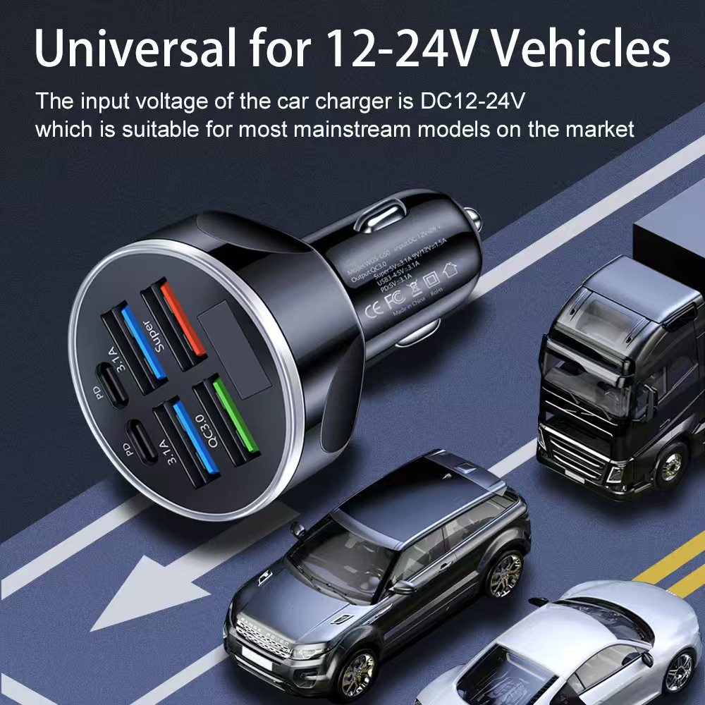 New 6-Port Digital Display Car Charger 66W Fast Charging Six-In-One Super Fast Charging Car Charger Pd Mobile Phone Charging Head
