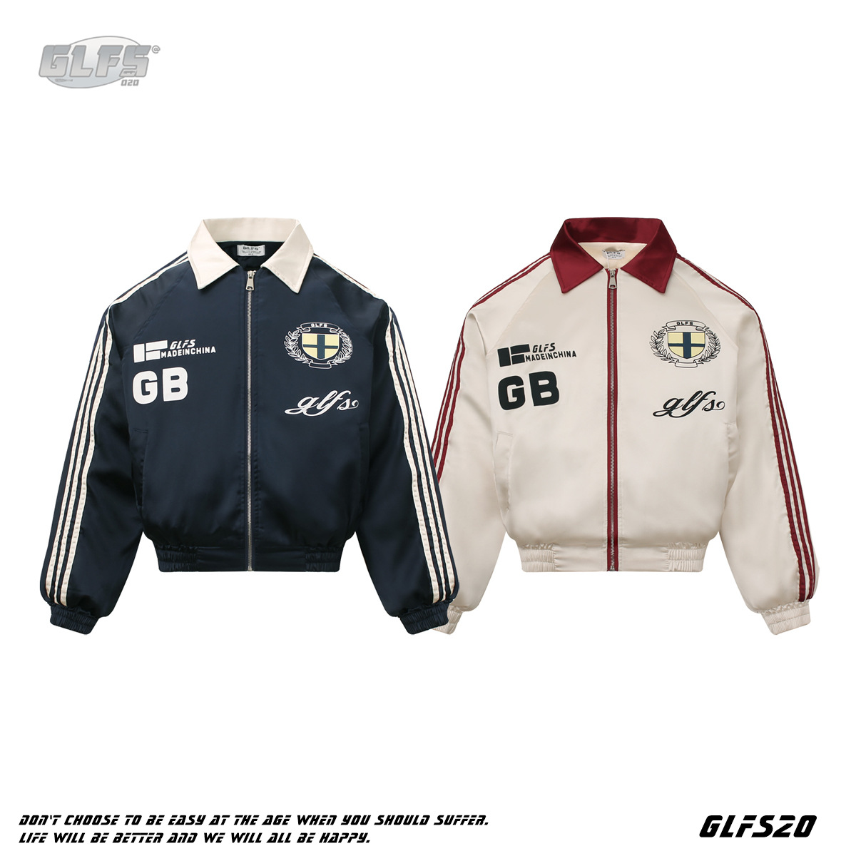 GLFS25 New American High Street Three-Stripes Color-Block Light Padded Turn-Down Collar Cotton College Style Coat Unisex_viptrois.com
