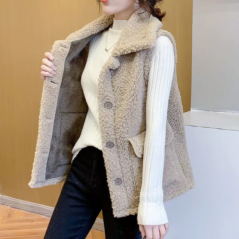 Женский цельнокроеный жилет из овечьей шерсти, осень-зима 2025, новый корейский стиль, на флисовой подкладке, утолщенный, с поясом