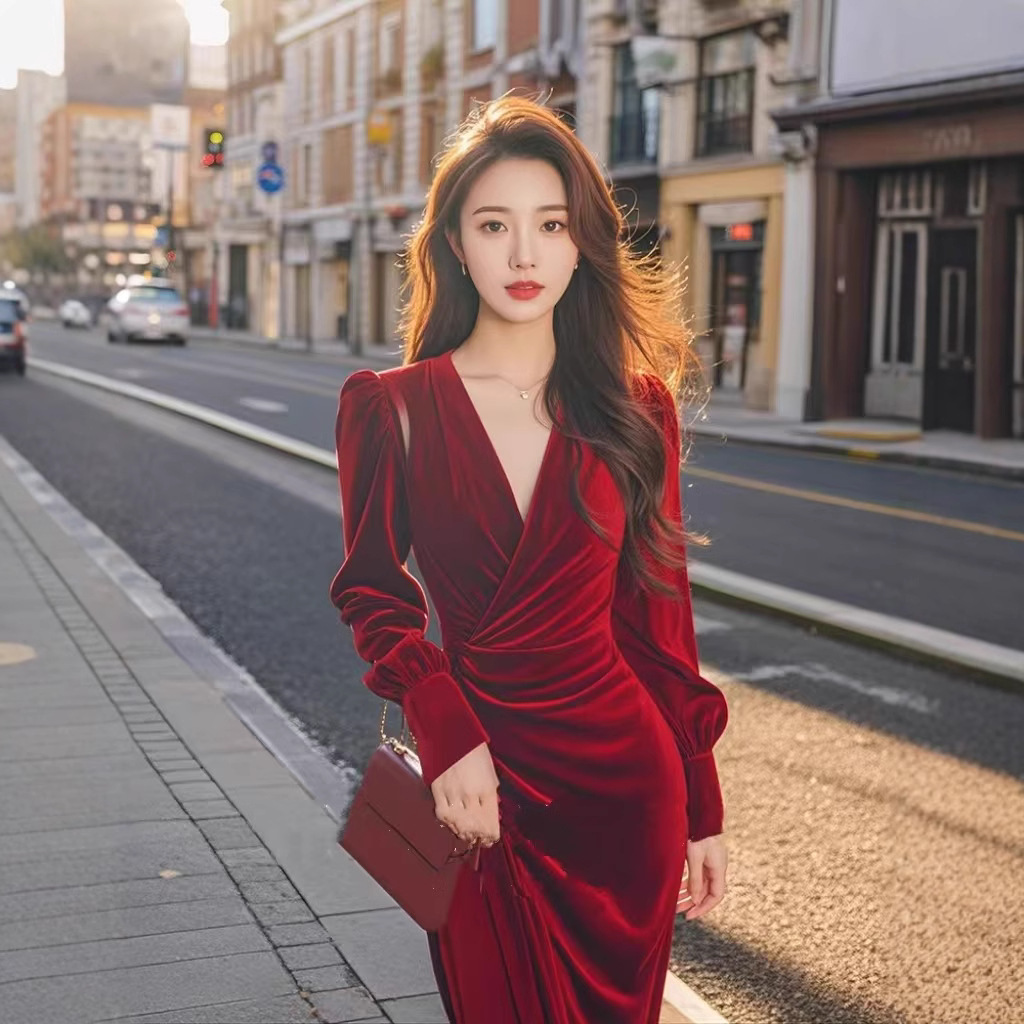 가을과 겨울 풍부한 가족 디린 프렌치 레트로 아름다운 빛 원피스 스커트를 원피스 발목 착용 버건디 벨벳