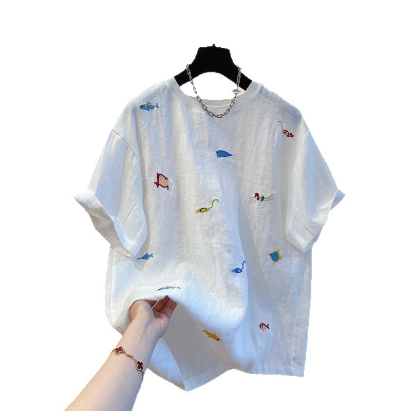ハイエンドホワイトナチュラルリネン Tシャツレディース半袖 2025 新しいヨーロッパルーズプルオーバーラウンドネックコットンとリネントップ夏|undefined
