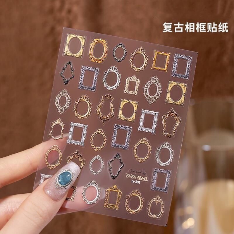 Vintage Photo Frame Oil Painting Rose Flower Stereo Embossed Gem Cat Eye Gel Nail Art Sticker Nail Decal Decorations