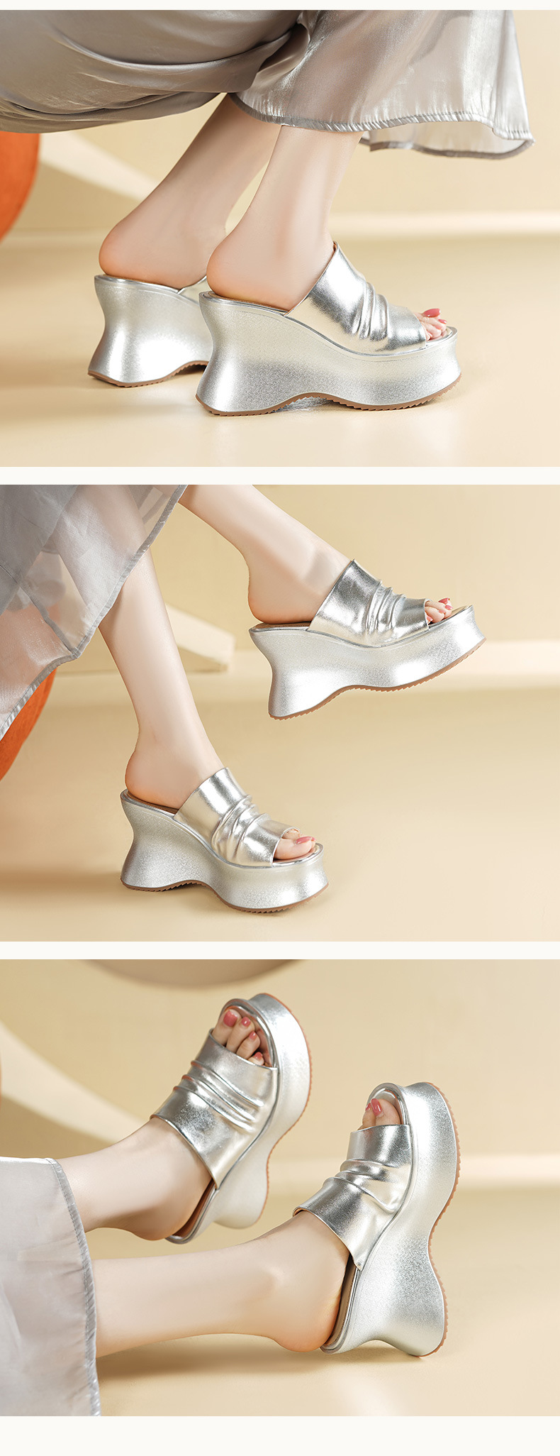 Sandal cao gót nữ hở mũi quai ngang da thật gót 10 cm — màu vàng, bạc chi tiết 4