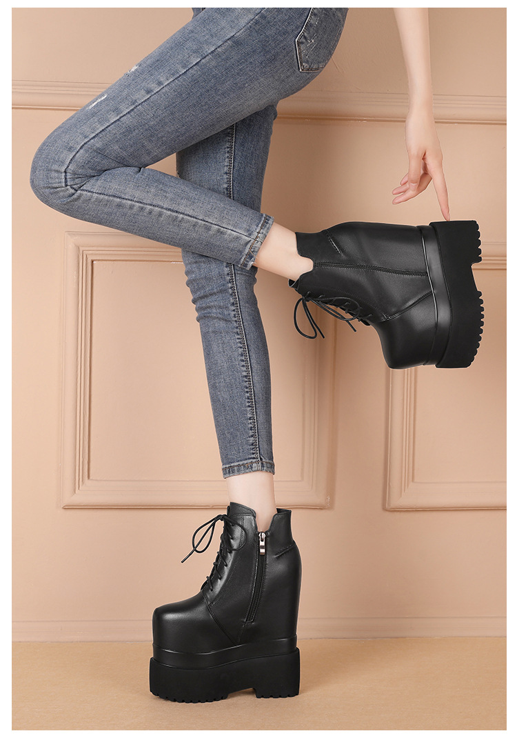 Boot nữ dây buộc đế dày chống thấm, gót trong 18 cm tăng chiều cao — Màu đen lót nhung chi tiết 4
