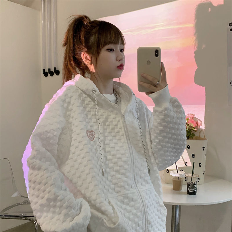Waffle Amor super popular suéter para las mujeres ins primavera y otoño flojo Delgado BF estilo perezoso High Street zipper cardigan chaqueta