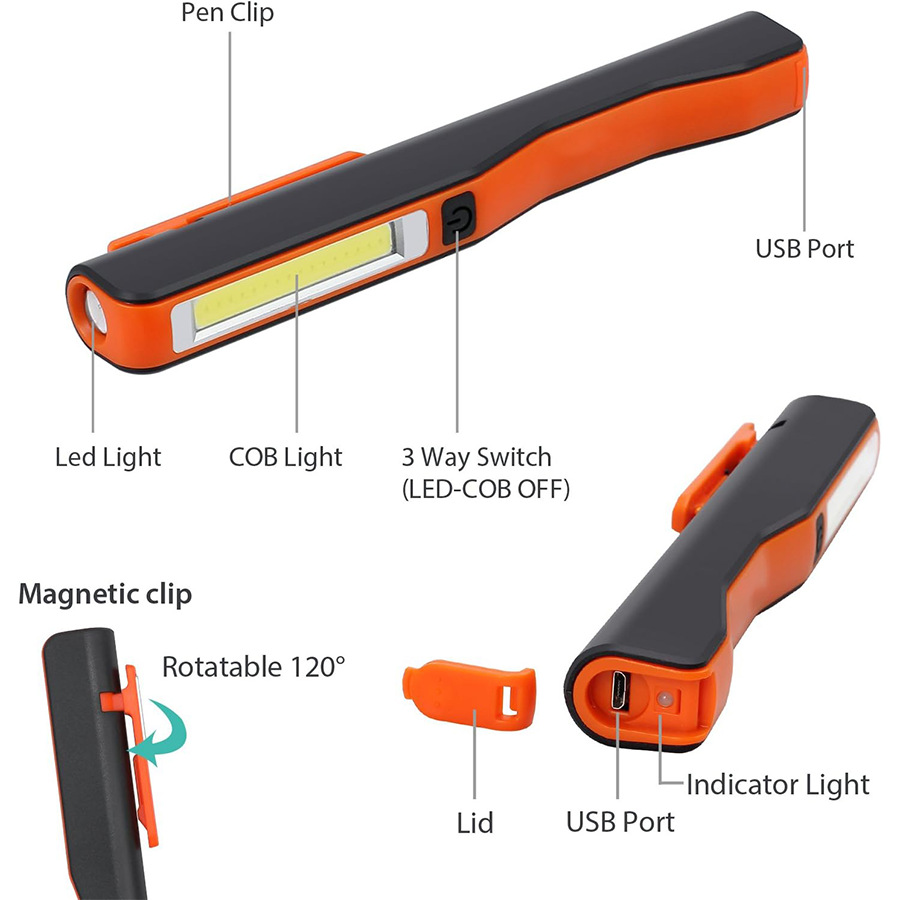 Rechargeable Multifunctional Pen-Shaped Magnetic Work Light Cob&Led Emergency Inspection Light Mini Portable Outdoor Lighting