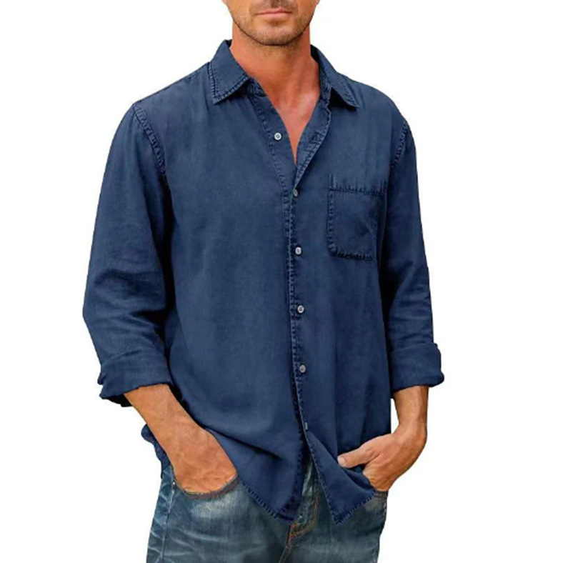 2022 Amazon nueva camisa de otoño para hombre solapa bolsillo de color sólido camisa de un solo pecho camisa de manga larga para hombre