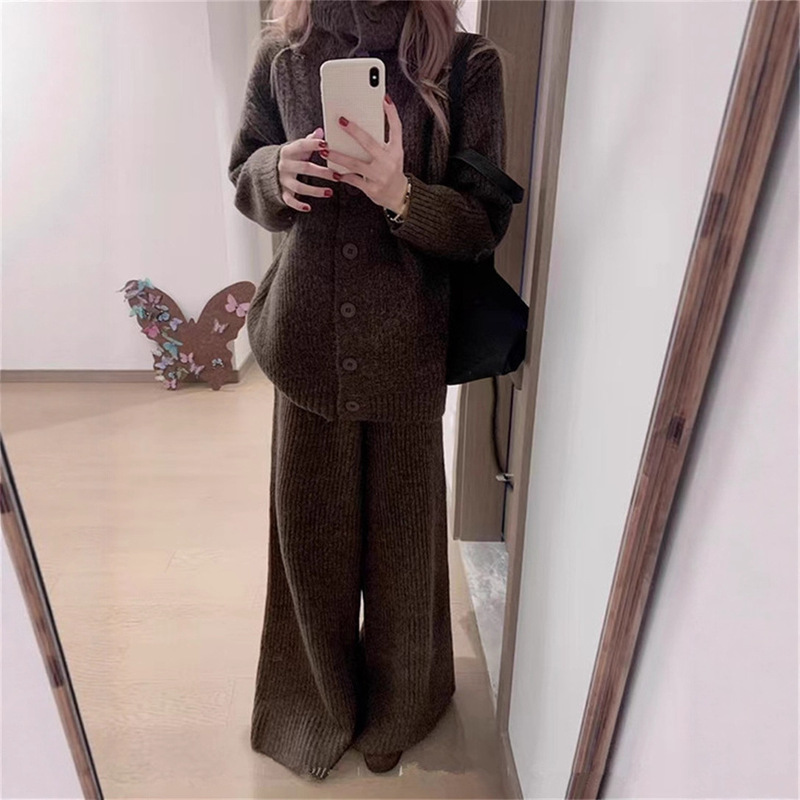 欧货秋冬新款高级感宽松单排扣纯色毛衣开衫休闲阔腿裤针织套装女|undefined