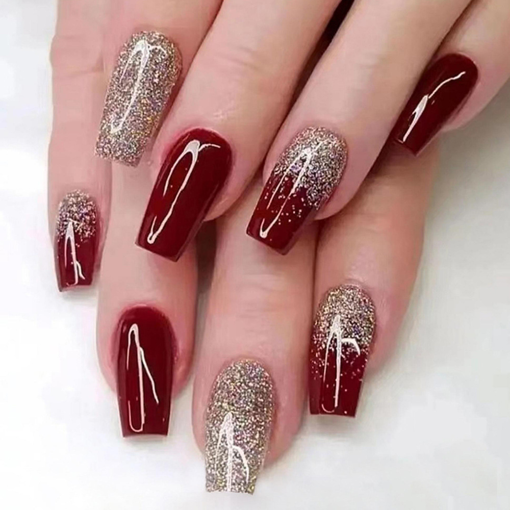 Año Nuevo brillante oro rosa vino rosa novia manicure comercio exterior moda 24 piezas de parche de uñas falsas