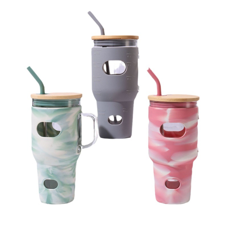 Taza de vidrio de 30oz, cubierta de silicona a prueba de caídas, taza de paja de gran capacidad con mango, taza de menú de hielo