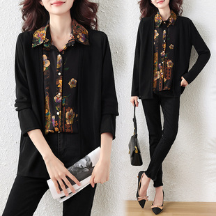 Fake Two-piece Printed Long-sleeved Shirt Women's Autumn 2024 New Spring and Autumn Top Mother's Western Style Slimming Women's Shirt